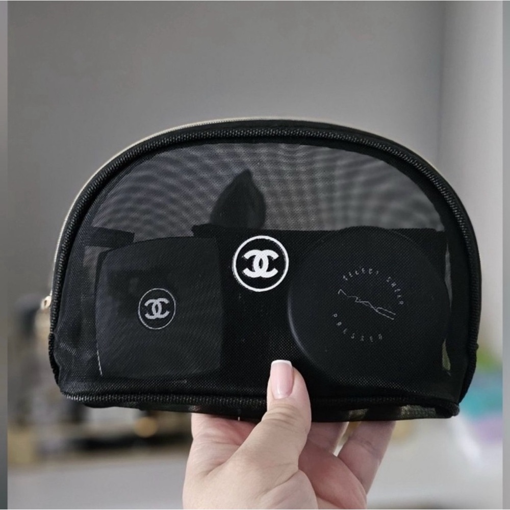CHANEL Black Mesh Cosmetic Pouch with Logo